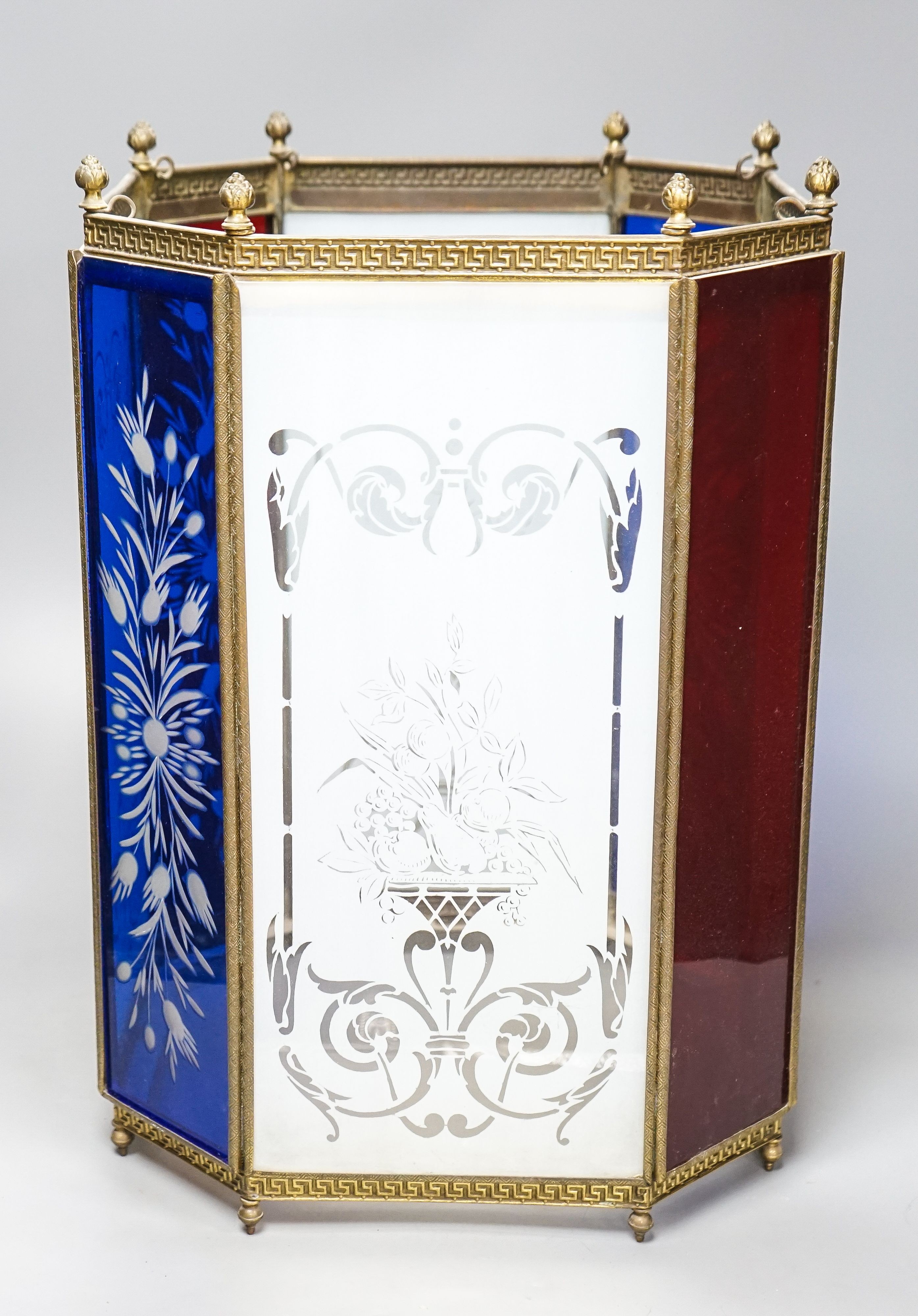 An Edwardian brass and stained glass hall lantern, 45cm
